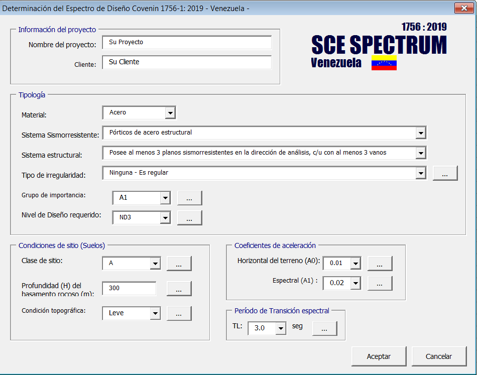 Interfaz cálculo paramétrico espectro de diseño Covenin 1756-2019